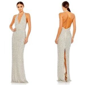 COPY - MAC DUGGAL Sequined Crystal Fringe Halter Strap Gown In Silver Size 8 NWT